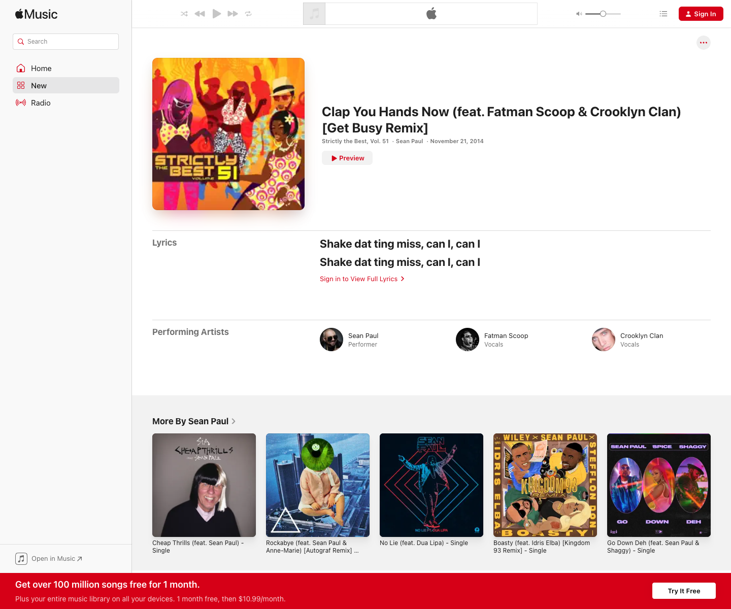 Apple Music listing for Clap You Hands Now, the Get Busy remix featuring Fatman Scoop and Crooklyn Clan