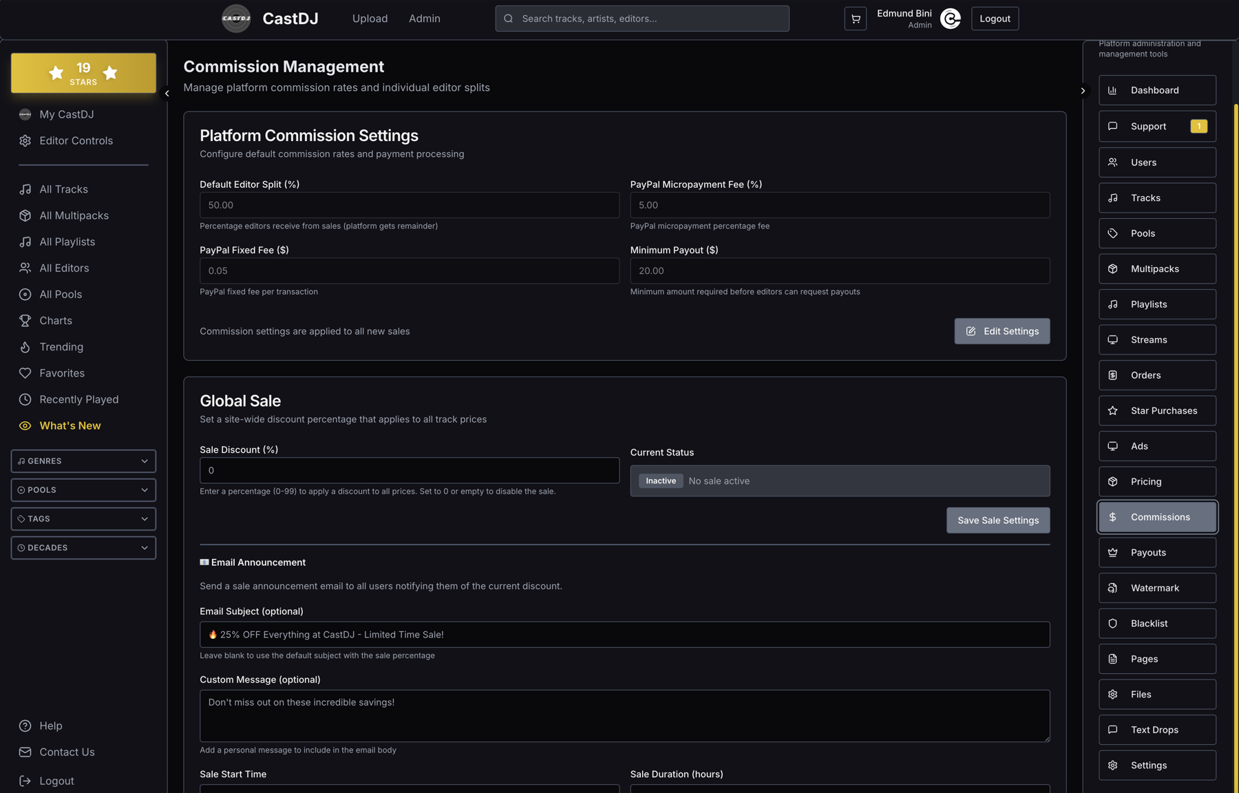 CastDJ commission management admin interface with split and sale controls