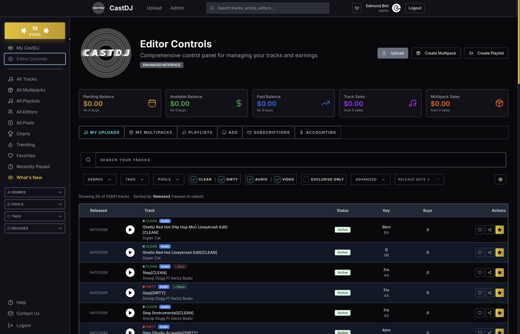 CastDJ editor controls dashboard showing uploads, balances, and track management