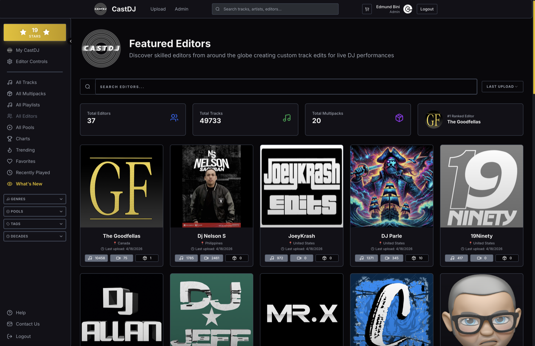 CastDJ featured editors directory with creator cards and stats