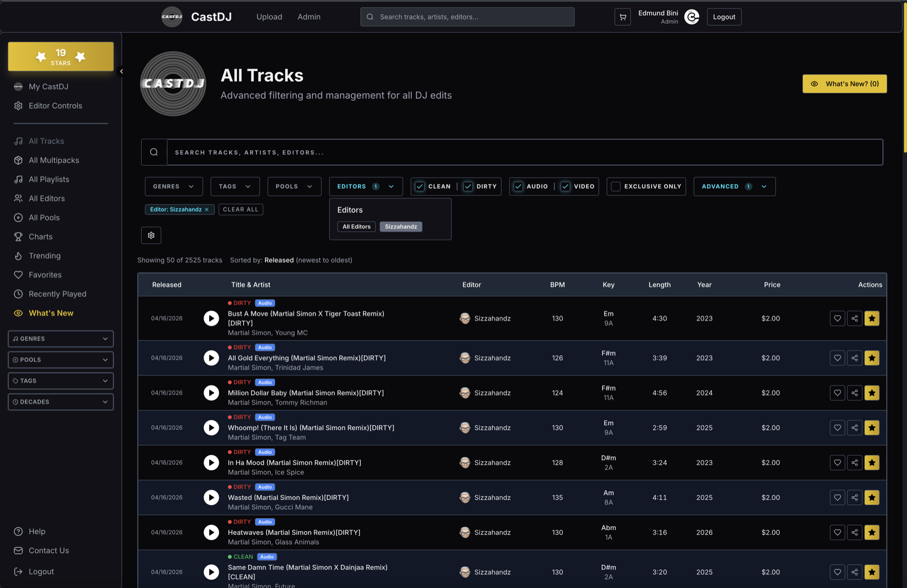 CastDJ all tracks marketplace interface with filters, editor controls, and purchase actions