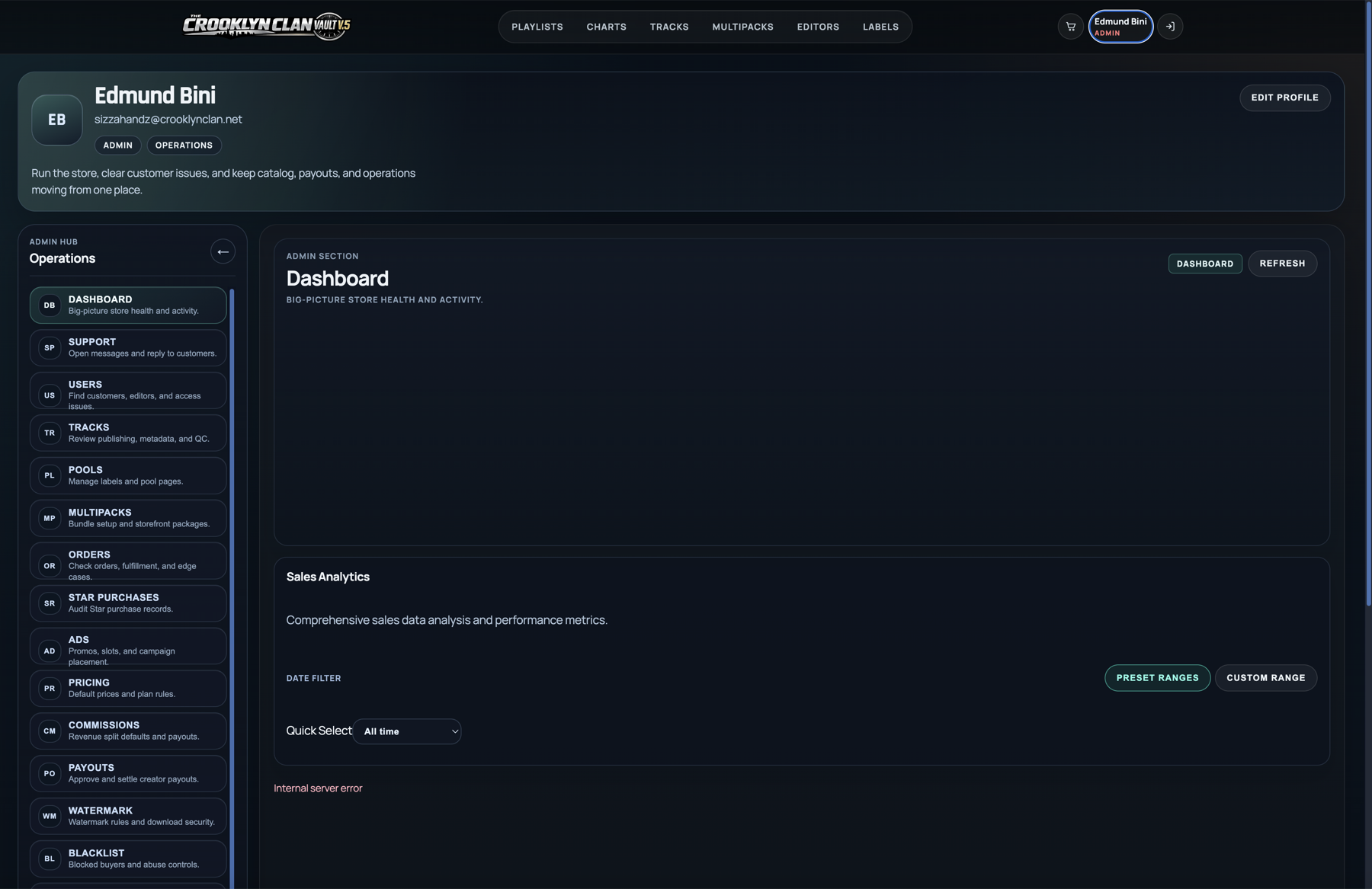 Crooklyn Clan Vault admin operations dashboard