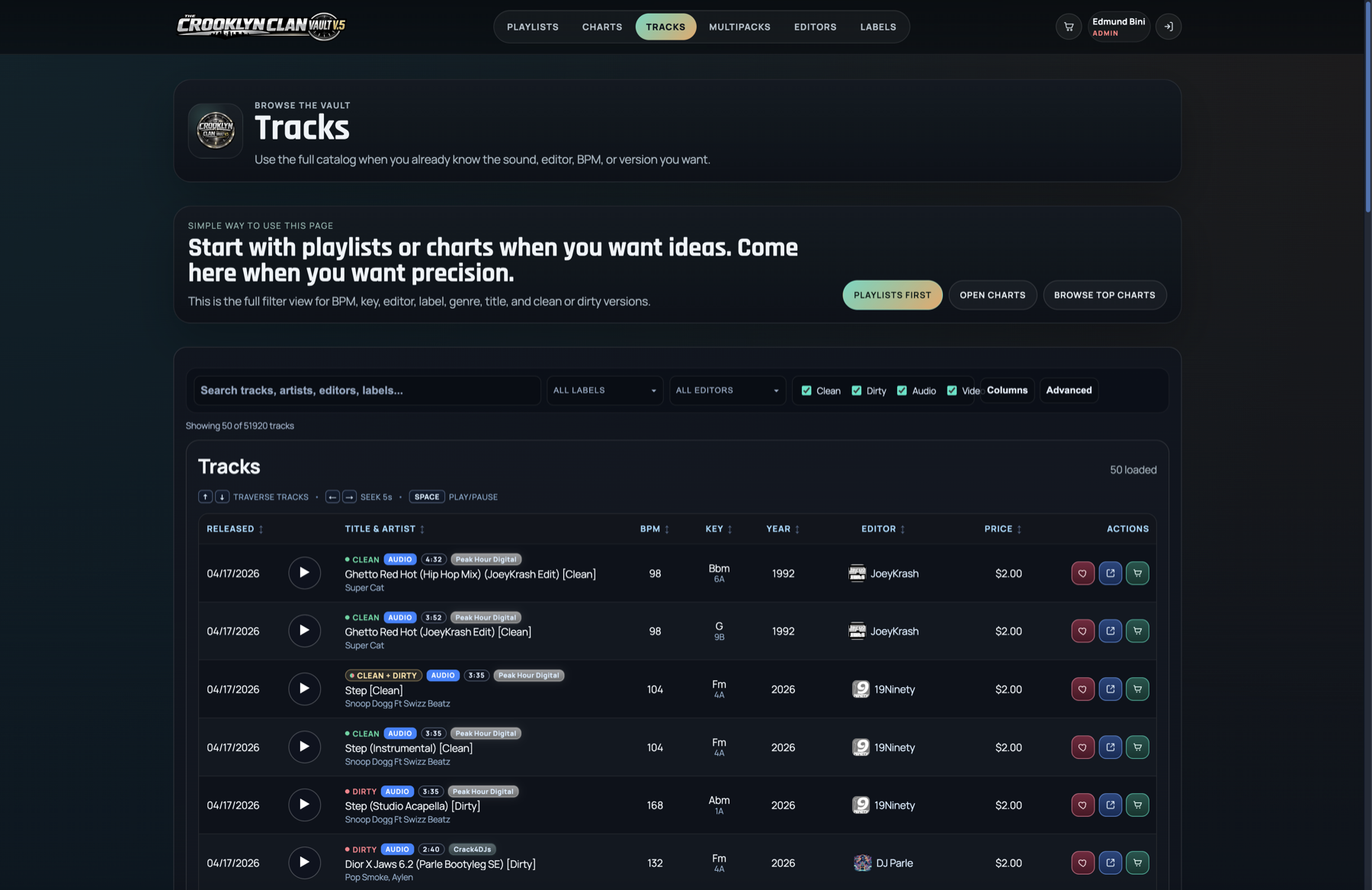 Crooklyn Clan Vault tracks interface with advanced catalog filters and purchase actions