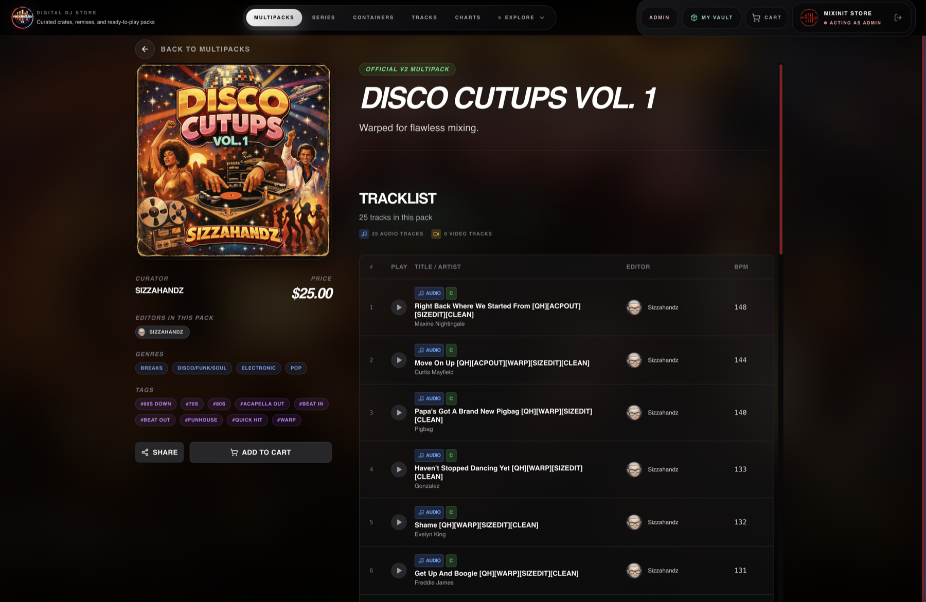 Mixinit multipack detail page with tracklist, price, and add-to-cart controls