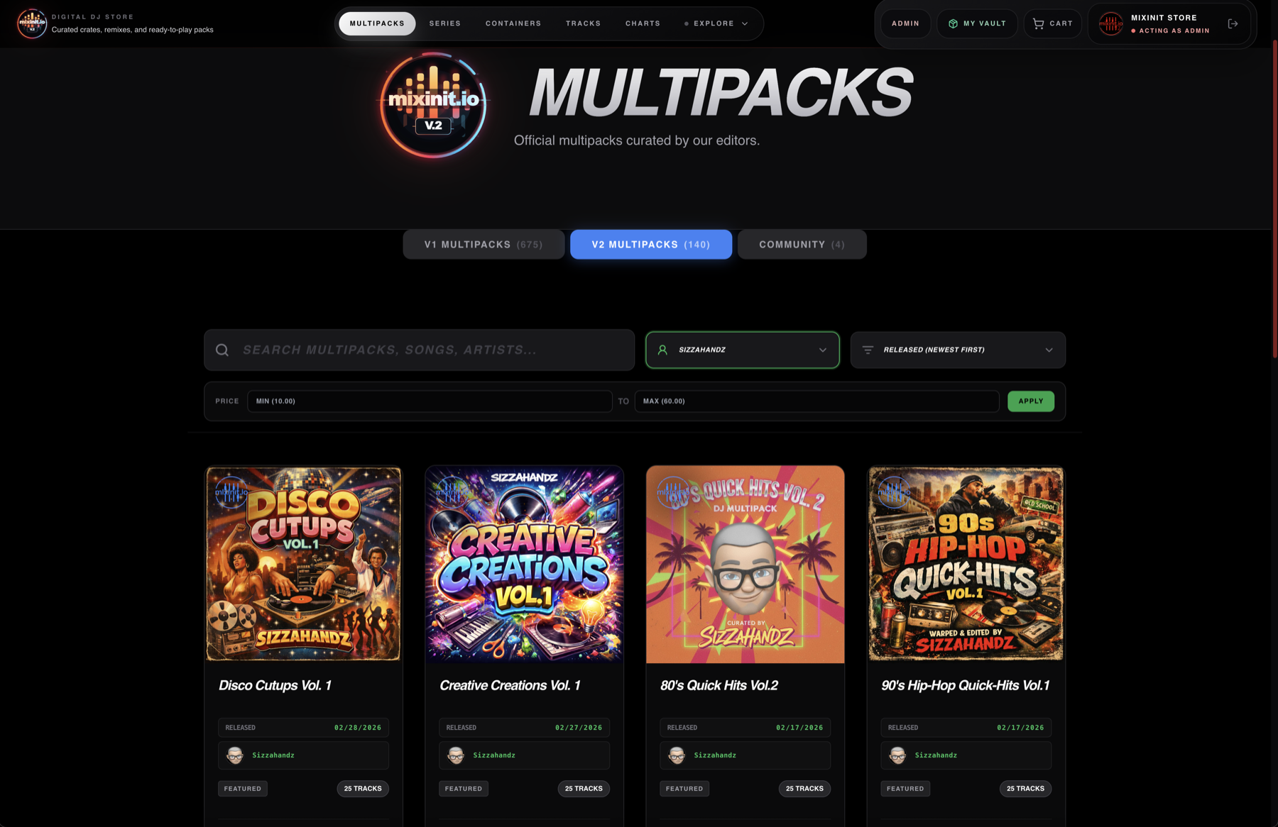 Mixinit multipacks storefront showing curated pack cards and product filtering