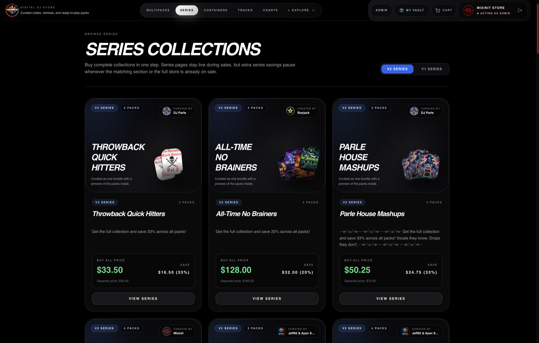 Mixinit series collections view showing bundled pack collections and savings