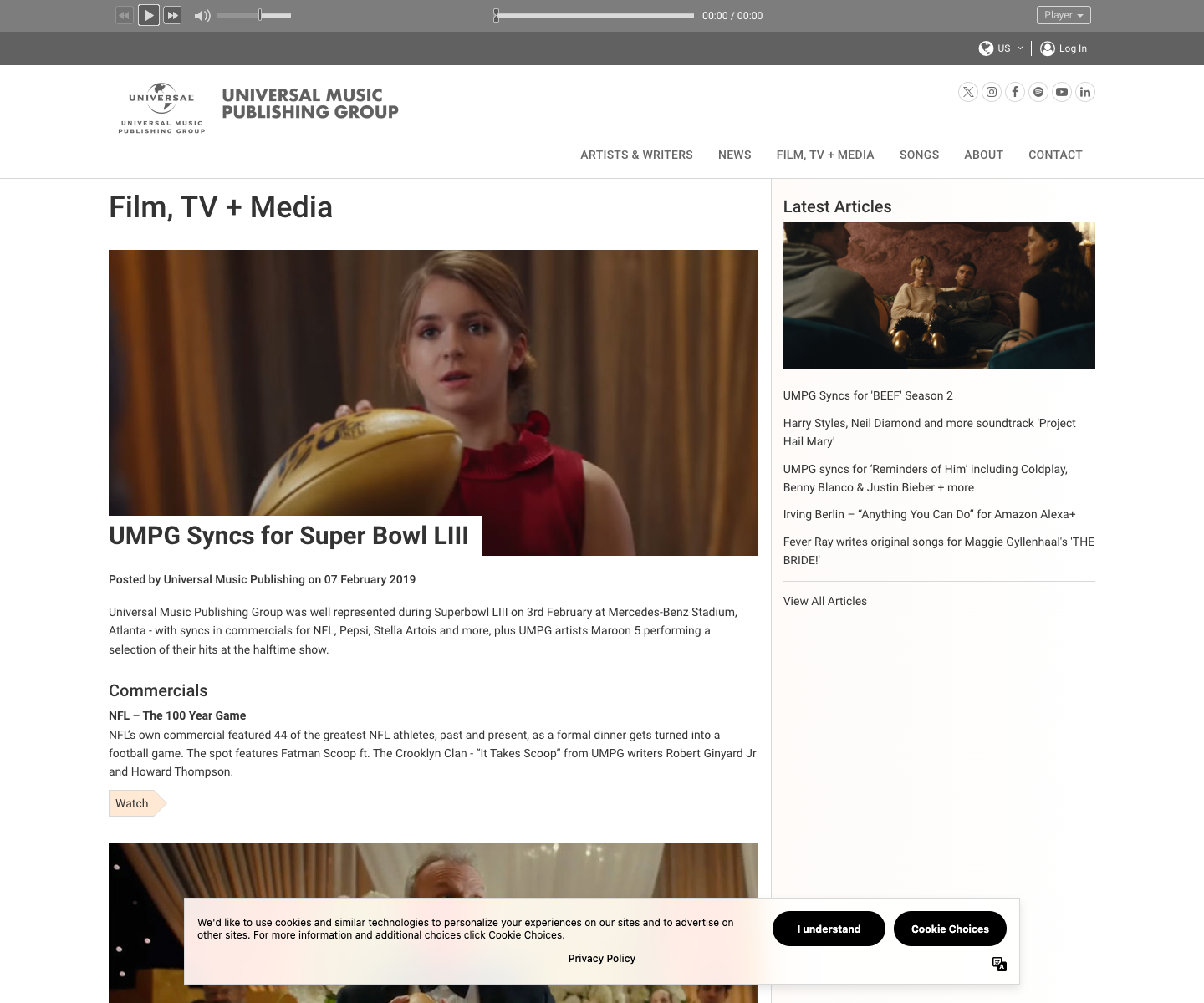 Universal Music Publishing page showing the NFL The 100-Year Game sync roundup